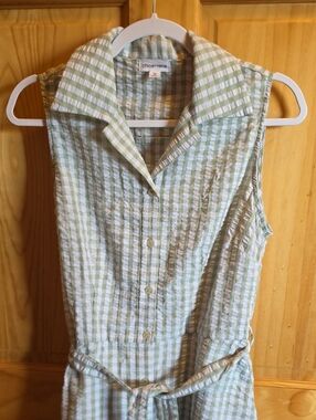 Chloe + Rene textured Green Gingham Sleeveless fit an flair Dress w/pockets M